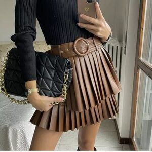 Zara Brown Pleated Faux-Leather Mini Skirt with Belt